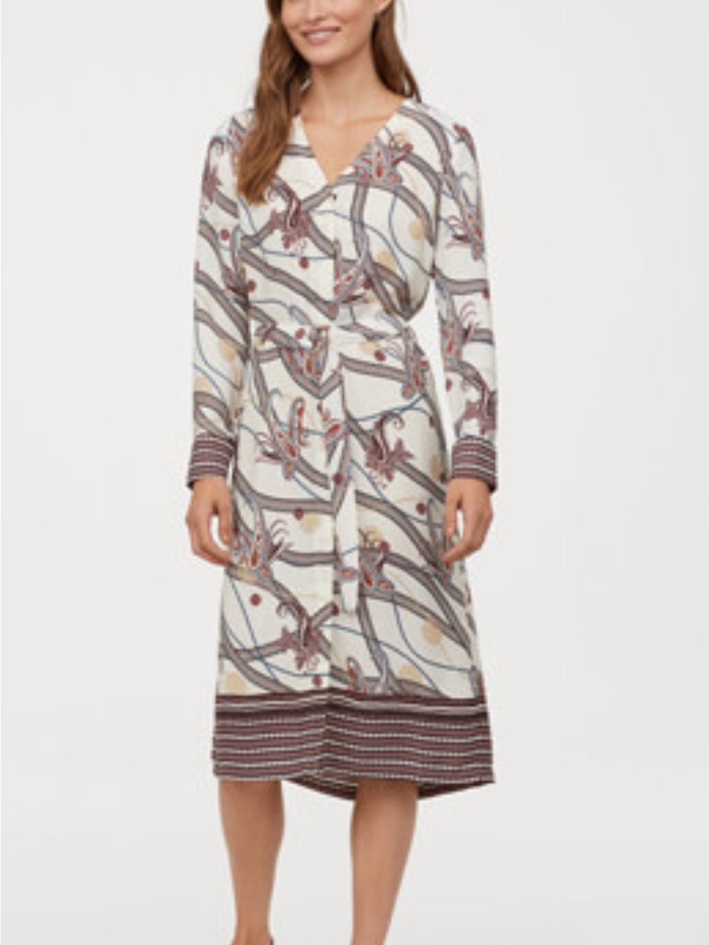 H&M‎ Cream Printed Wrap Midi Dress with Maroon and Blue Pattern